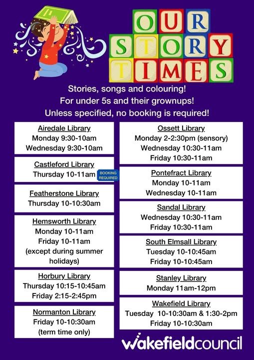 Join us in our libraries for regular story time sessions!
For under 5s and their grownups! Includes singing and colouring!